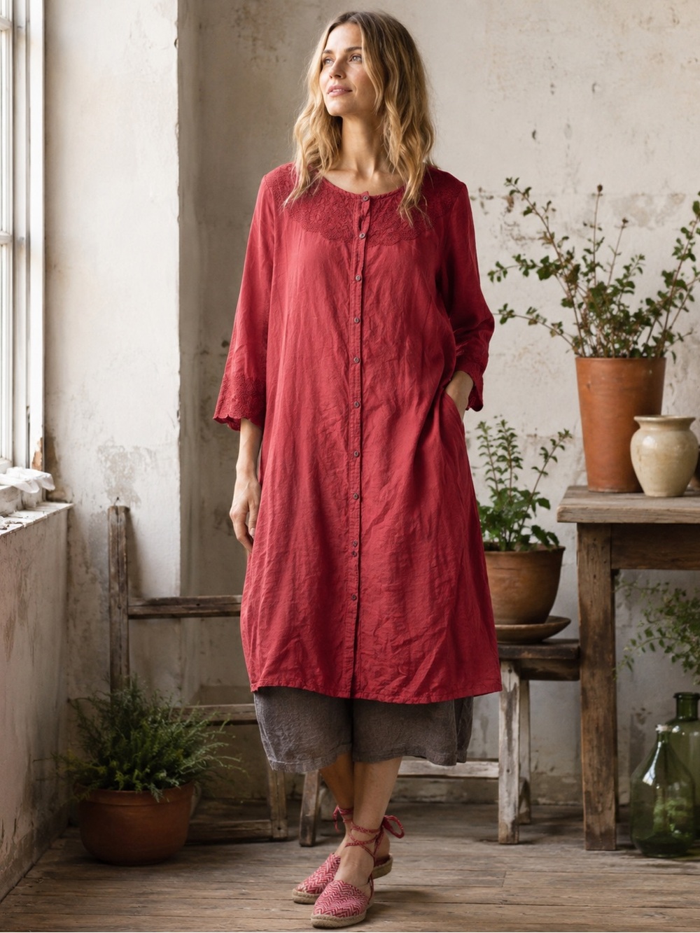 Gudrun Sjoden Red Embroidered Button Down Dress Cotton Linen Lagenlook Medium